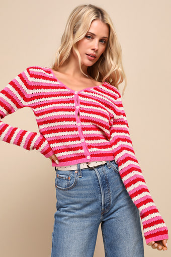 Adoring Darling Red and Pink Striped Cardigan Sweater