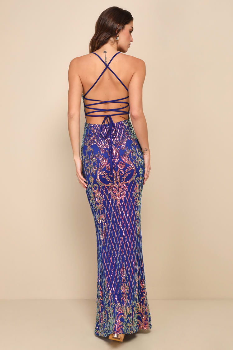 photo finish royal blue sequin lace up maxi dress Royal Blue Lace Blue Dress With Sequins Photo Finish Royal Blue Sequin Lace-Up  Maxi Dress