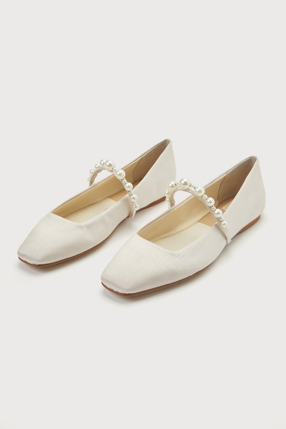 Roxana Ivory Satin Pearl Square Toe Slip-On Ballet Flats 1