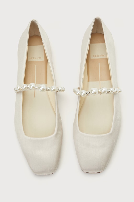 Roxana Ivory Satin Pearl Square Toe Slip-On Ballet Flats 2