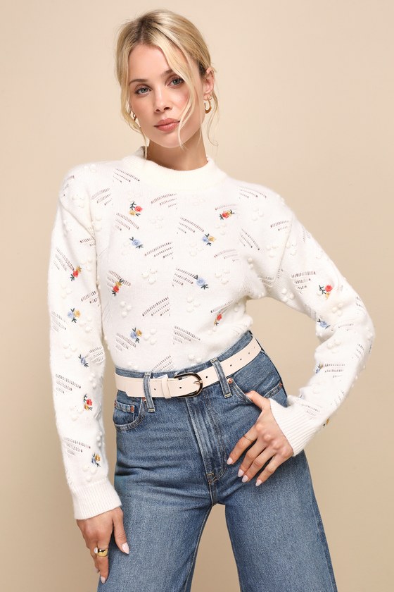 Ivory Floral Sweater - Embroidered Sweater - Textured Sweater - Lulus
