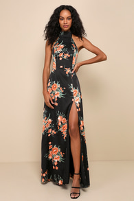 Passionately Chic Black Floral Satin Halter Maxi Dress