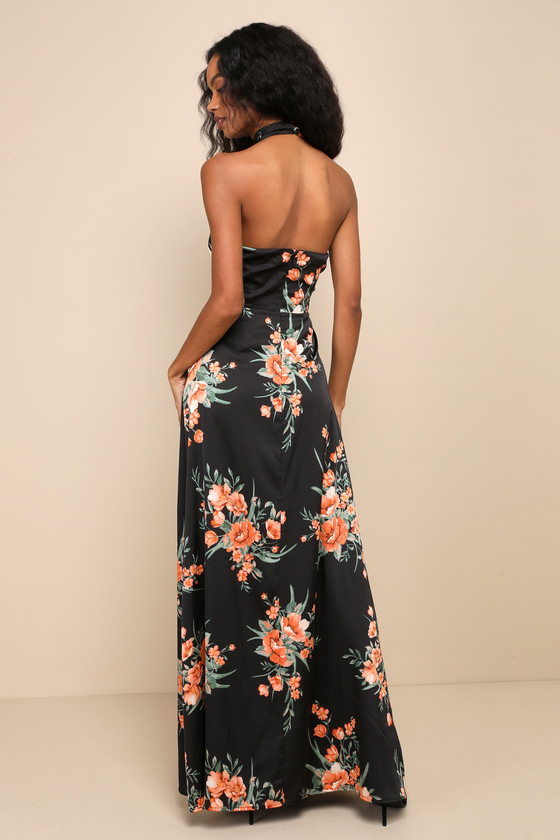 Black Floral Maxi Dress - Satin Floral Dress - Halter Neck