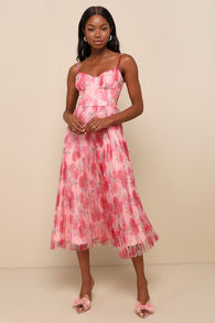 Alluring Invite Light Pink Floral Pleated Bustier Midi Dress 1