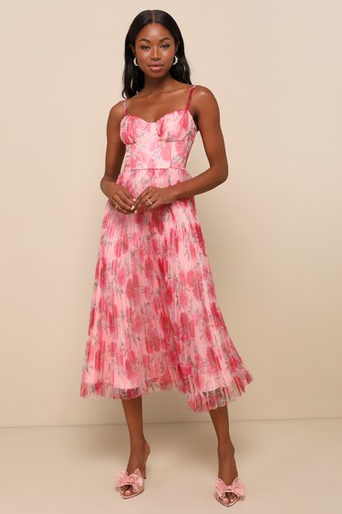 Alluring Invite Light Pink Floral Pleated Bustier Midi Dress