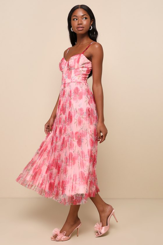 Shop Lulus Alluring Invite Light Pink Floral Pleated Bustier Midi Dress