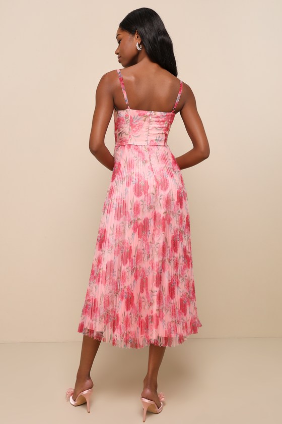 Lulus Alluring Invite Light Pink Floral Pleated Bustier Midi Dress In Light Pink