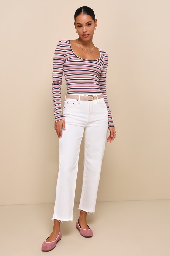 Daze Denim Sundaze Cream Distressed High Rise Dad Jeans In White