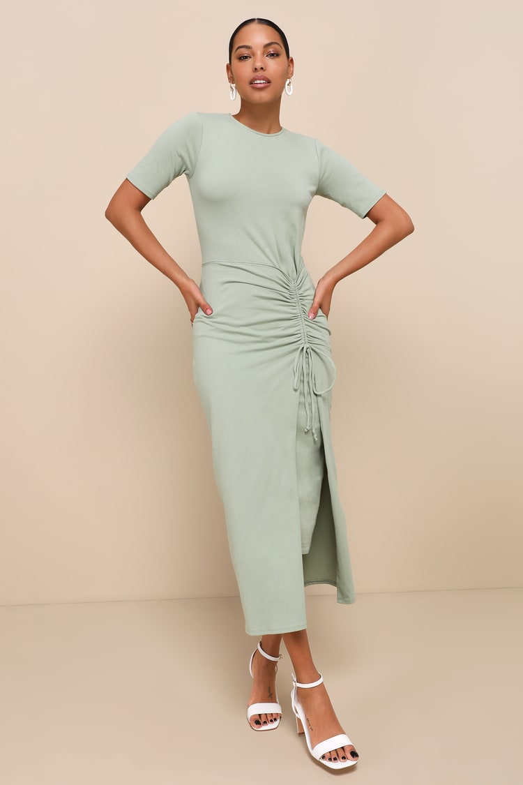 knee length dresses for ladies Women's Made The Right Call Sage Green Collared Midi T-Shirt Dress | Size: L main image 1