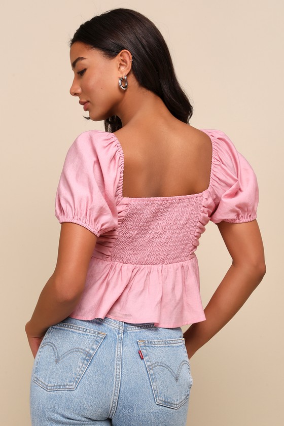 Cute Rose Pink Top - Ruched Top - Puff Sleeve Top - Rosette Top