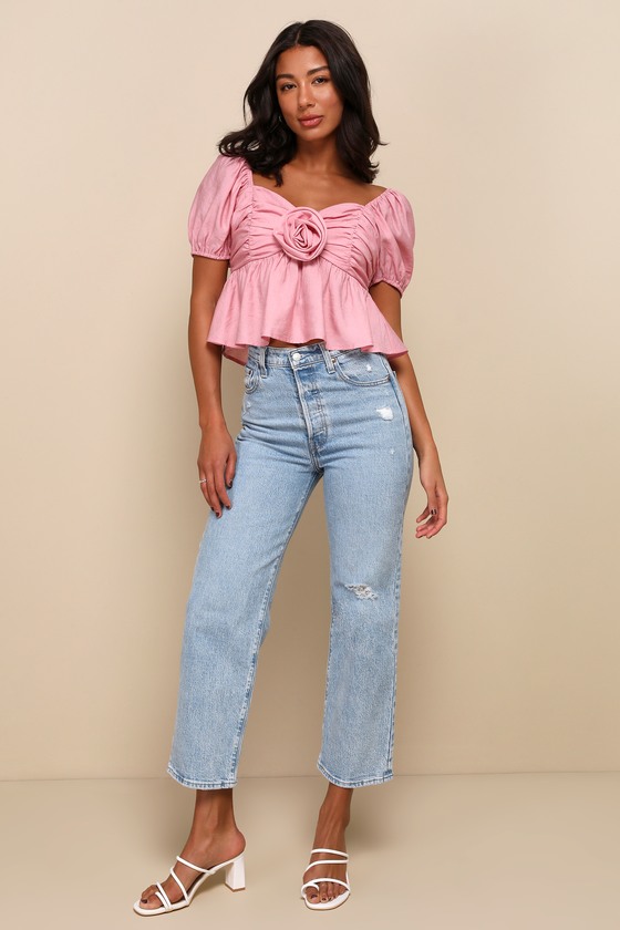 Cute Rose Pink Top - Ruched Top - Puff Sleeve Top - Rosette Top
