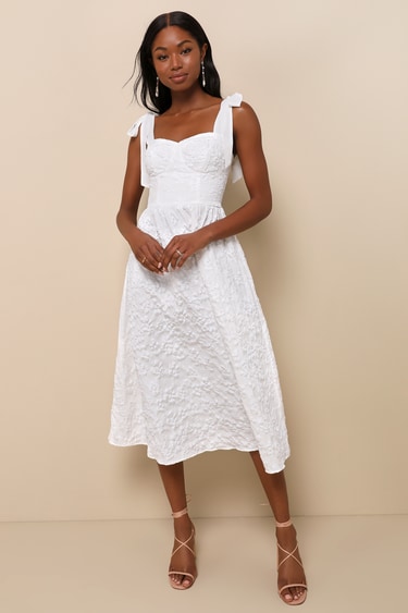 Bubbly Bliss White Jacquard Bustier Tie-Strap Midi Dress
