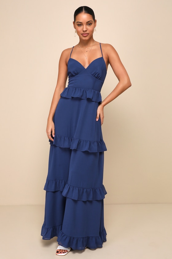 Lulus Captivating Class Blue Ruffled Tiered Lace-up Maxi Dress