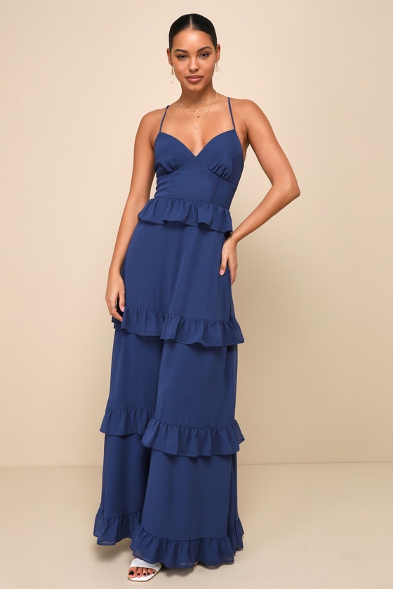 Blue Lace-Up Maxi Dress - Ruffled Tiered Dress - Bridesmaid Dress - Lulus