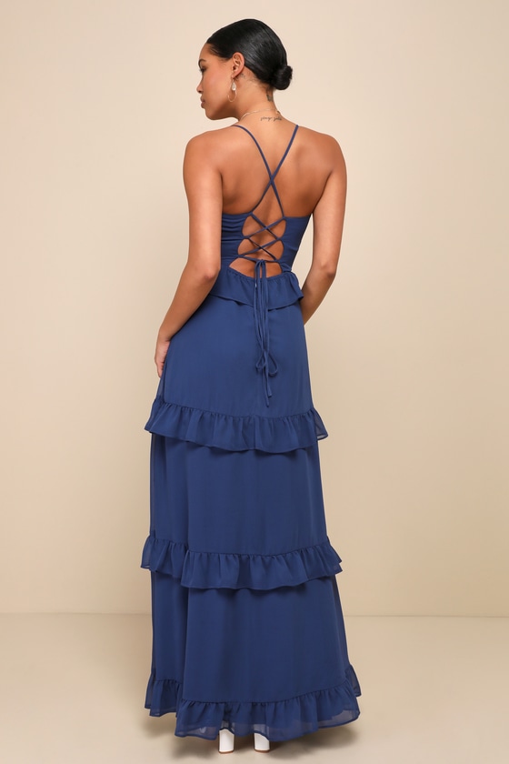 Captivating Class Blue Ruffled Tiered Lace-Up Maxi Dress 3