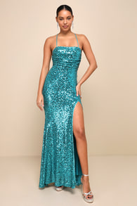 Glowing Praise Teal Blue Sequin Lace-Up Maxi Dress
