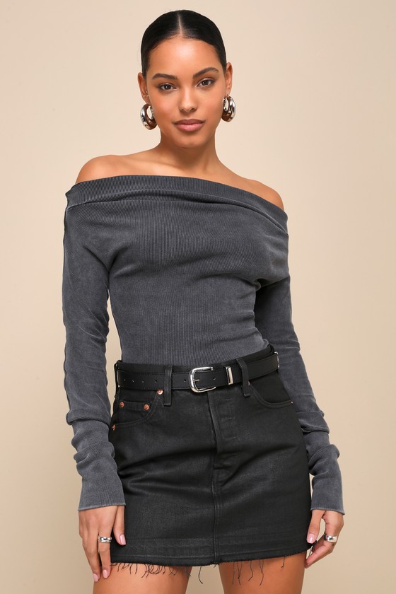Gigi Washed Black Ribbed Off-the-Shoulder Long Sleeve Top 4
