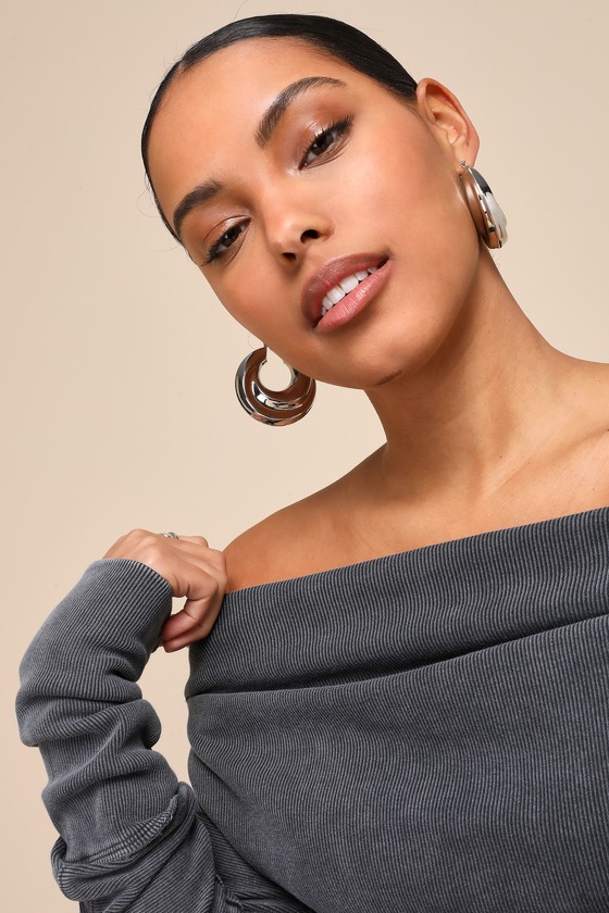 Gigi Washed Black Ribbed Off-the-Shoulder Long Sleeve Top 3