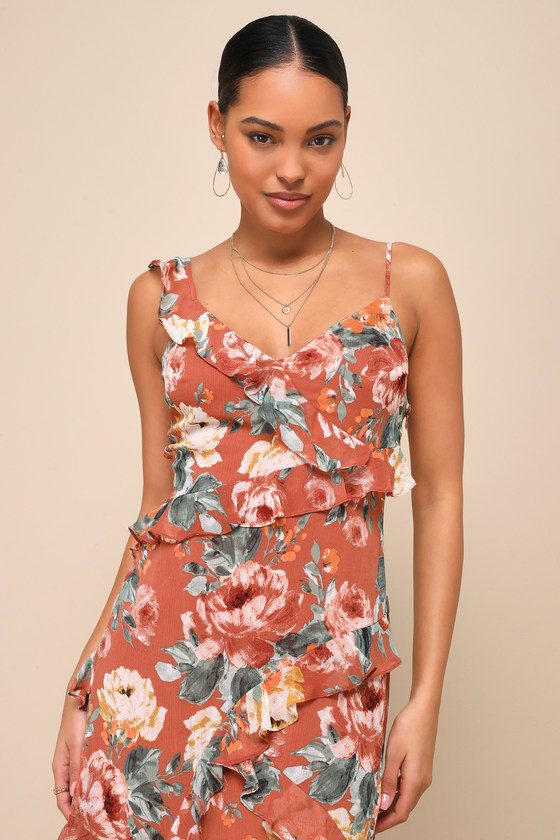 Notable Poise Rust Floral Print Lace-Up Ruffled Maxi Dress 6