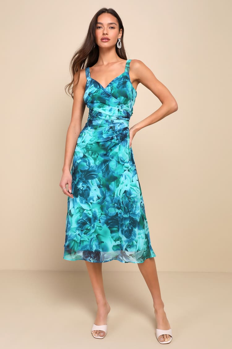 Ethereal Sweetie Teal Green Floral Chiffon Pleated Midi Dress Ethereal Sweetie Teal Green Floral Chiffon Pleated Midi Dress