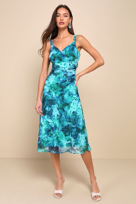 Teal Green Floral Dress - Surplice Midi Dress - Pleated Dress - Lulus