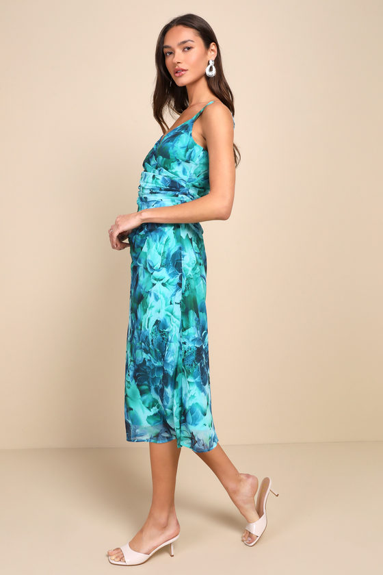 Ethereal Sweetie Teal Green Floral Chiffon Pleated Midi Dress 2
