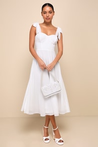 Sophisticated Charisma White Tie-Strap A-Line Midi Dress