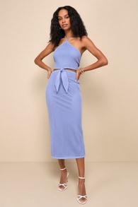 Sunny Serenity Periwinkle Crochet Cutout Halter Midi Dress