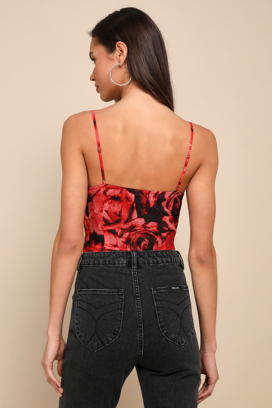 Lulus Perfect Energy Red Floral Print Bustier Bodysuit In Red