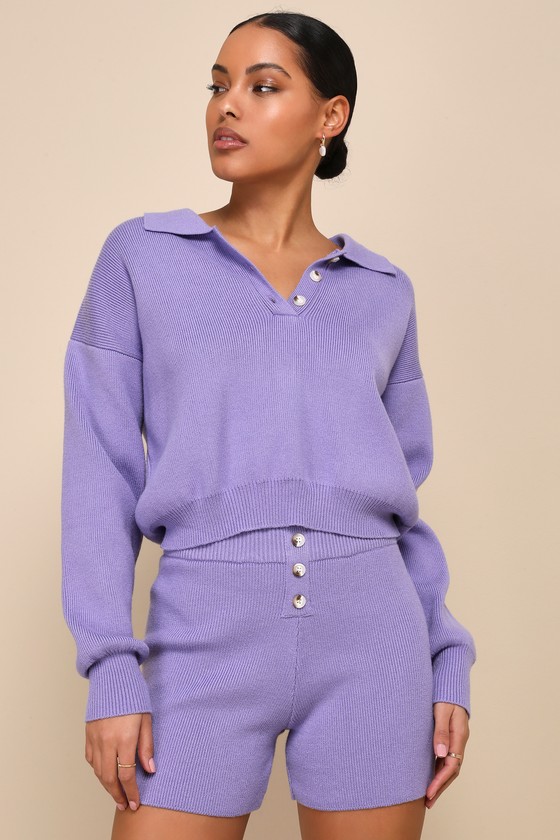 Shop Lulus Relaxed Mindset Lavender Knit Button-front Sweater Shorts In Purple