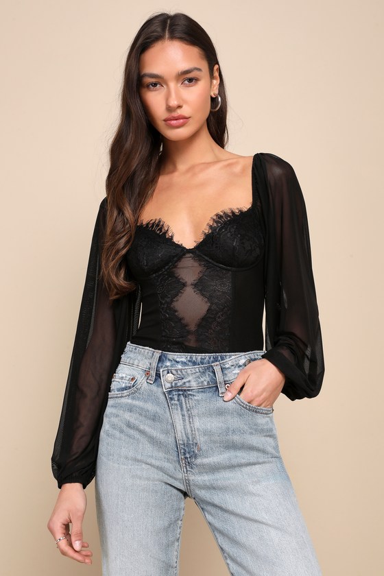 Shop Lulus Instant Attraction Black Mesh Lace Long Sleeve Bustier Top