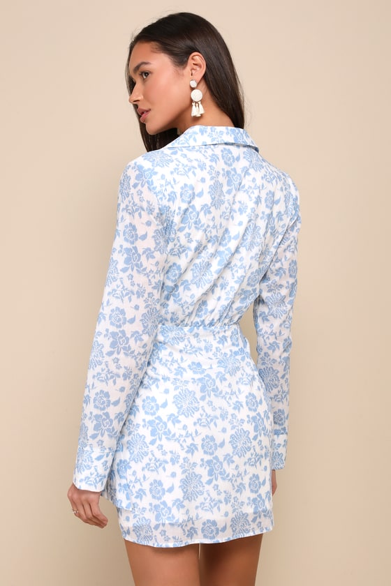 White and Blue Floral Dress - Collared Buckle Dress - Mini Dress - Lulus