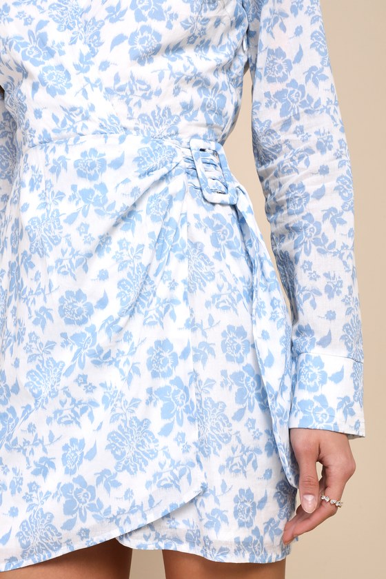 Lulus Made To Charm White & Blue Floral Collared Buckle Mini Dress In White