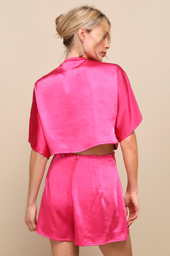 LULUS FLIRT FOR FUN FUCHSIA SATIN TIE-FRONT TWO-PIECE ROMPER