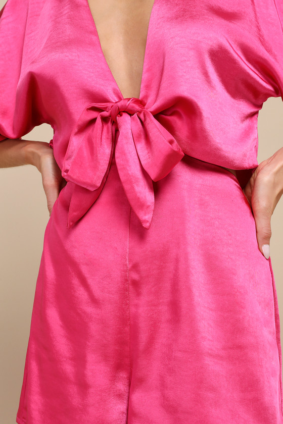 LULUS FLIRT FOR FUN FUCHSIA SATIN TIE-FRONT TWO-PIECE ROMPER