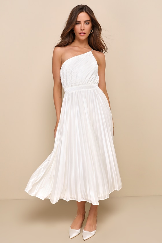Pleated Midi Dress - Ivory Midi Dress - One-Shoulder Midi Dress - Lulus