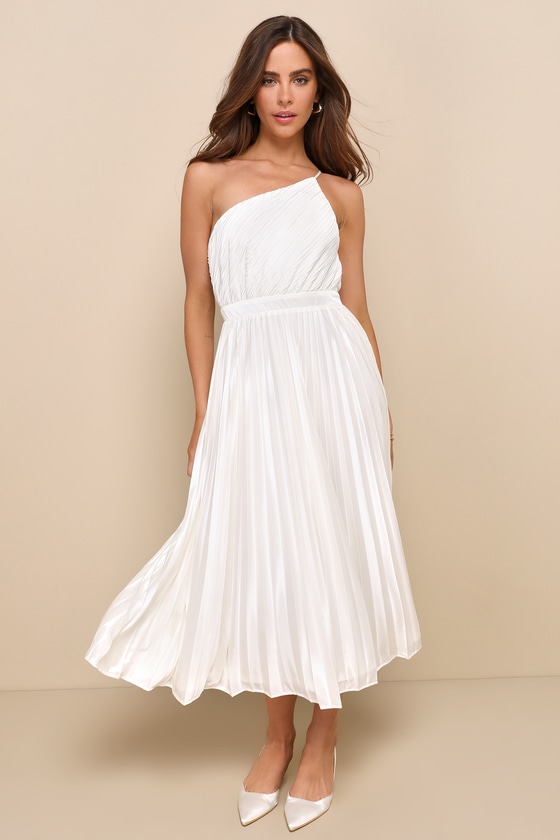 Alluring Marvel Ivory Pleated Satin One-Shoulder Midi Dress 1