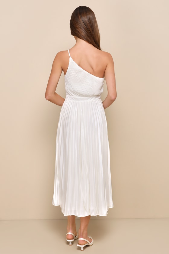 Pleated Midi Dress - Ivory Midi Dress - One-Shoulder Midi