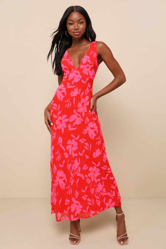 Bright Charisma Red and Pink Floral Print Slip Maxi Dress 1
