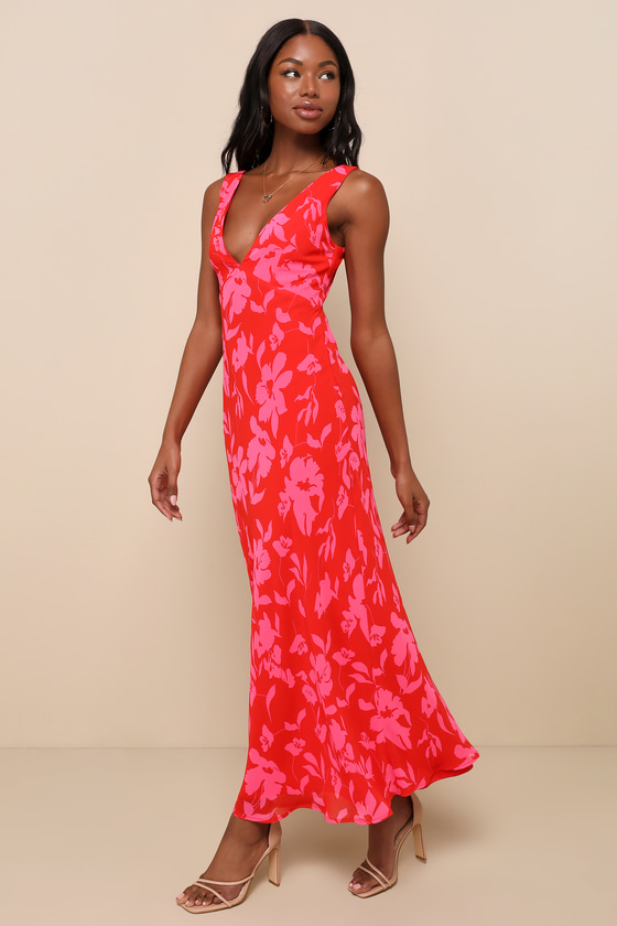 Bright Charisma Red and Pink Floral Print Slip Maxi Dress 2