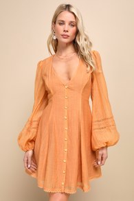 Strolling Sweetie Orange Crochet Button-Front Mini Dress