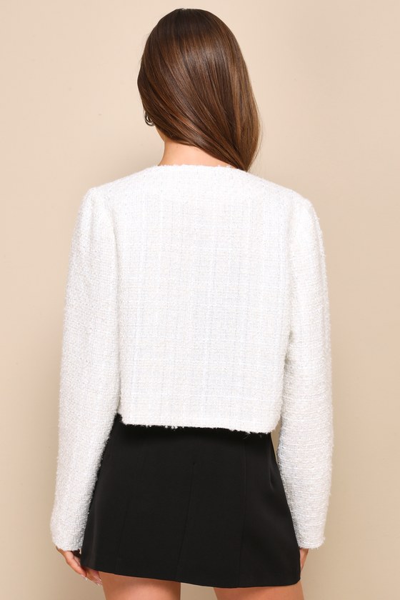 Lulus Polished Poise Ivory Tweed Lurex Cropped Jacket In Ivory