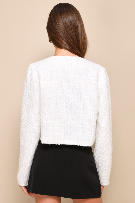 Shop Lulus Polished Poise Ivory Tweed Lurex Cropped Jacket