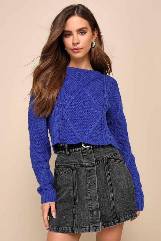 Flirtatious Season Cobalt Blue Cable Knit Cropped Sweater 3