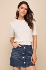 Easily Adorable Ivory Cotton Heart Short Sleeve Sweater Top 2