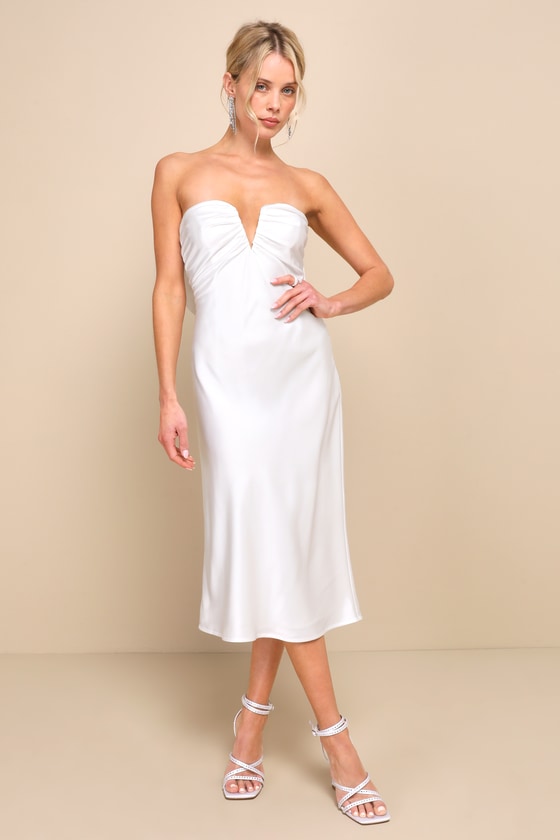 Shop Lulus Luxe Crush White Satin Rhinestone Bow Strapless Midi Dress