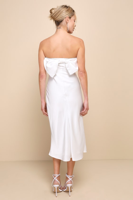 Shop Lulus Luxe Crush White Satin Rhinestone Bow Strapless Midi Dress