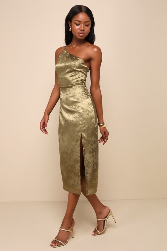 Shop Lulus Desirable Dream Olive Satin Jacquard Halter Neck Midi Dress In Green