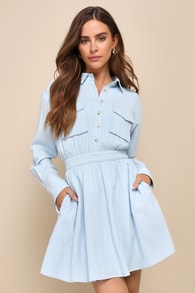 Adored Persona Light Blue Textured Mini Dress With Pockets