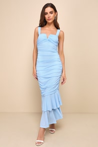 Remarkably Gorgeous Powder Blue Mesh Ruched Trumpet Midi Dress